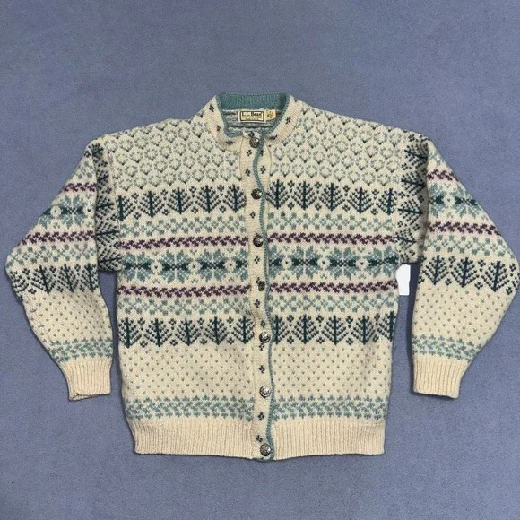L.L. Bean Vintage Nordic Wool Cardigan Fair Isle Teal Cream Womens Size XL - Picture 1 of 10